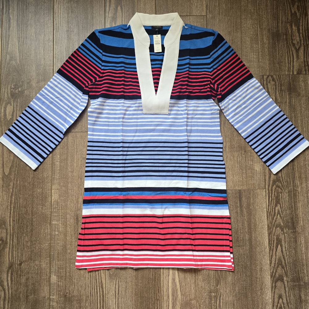 TALBOTS Shirt Womens S Striped Cotton V-Neck Tunic Coastal Grandma Preppy Resort